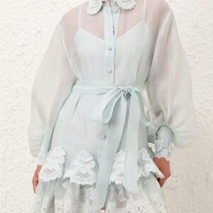Zimmermann Sheer Long Sleeve Dress in Light Blue and White